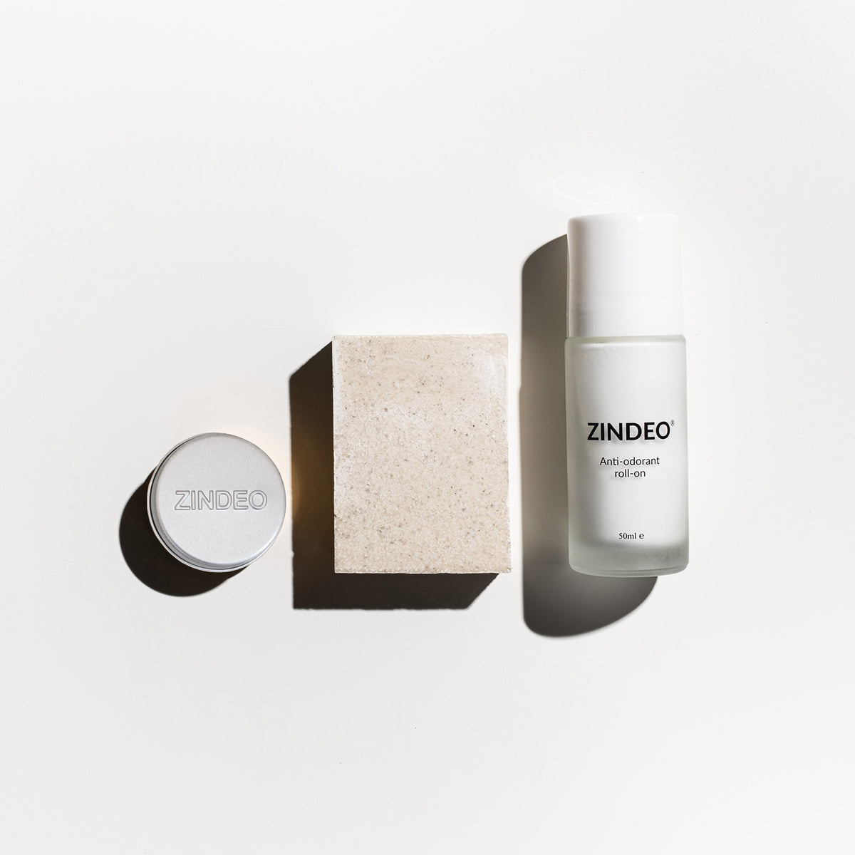 Zindeo anti-odorant roll-on and anti-odorant cream, salsoap, starter set on a white background